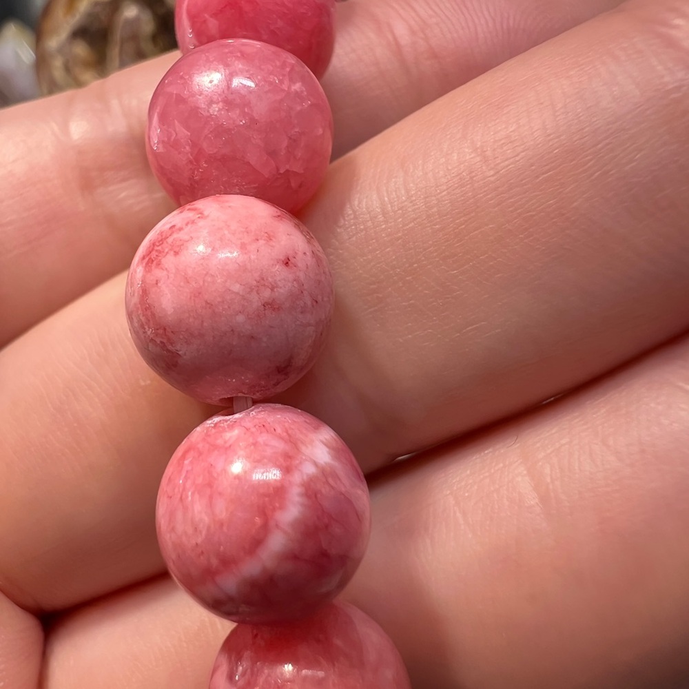10MM Rhodochrosite Beaded Bracelet 6.76” Natural Pink Crystal Quartz Love Stone - Picture 8 of 12